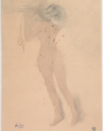 Femme nue de dos soutenant un cadre