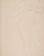 Femme nue, debout, tournée vers la droite, pressant son sein