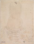 Femme nue de dos, agenouillée et penchée en avant, ramenant une draperie sur les jambes