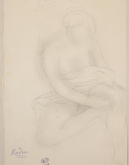 Femme assise au vêtement retroussé sur le ventre et les mains croisées sous l'un des genoux