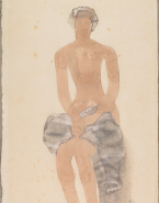 Femme nue assise, un vêtement sur les cuisses