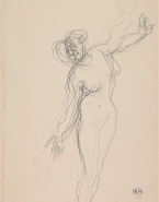 Femme nue debout, tournée vers la droite, bras ouverts en diagonale