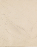Femme nue à demi allongée sur le côté droit, jambes écartées et repliées
