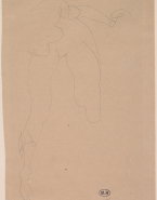 Femme nue de face, penchée en avant, en équilibre sur la jambe droite