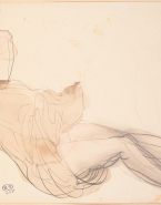Femme allongée, à demi-nue et les bras repliés au-dessus du visage