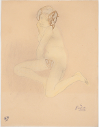 Femme nue assise de trois-quarts, pliant les jambes