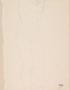 Femme nue debout, de profil vers la droite, les mains devant le visage