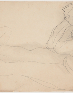 Femme nue de profil à gauche, penchée en avant, les mains au menton