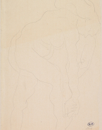 Femme nue debout, de profil à droite, touchant le bout de son pied
