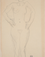 Femme nue debout, de face, les mains aux hanches