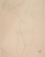 Femme nue debout, cambrée, de profil à droite, les mains derrière la nuque