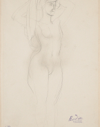 Femme nue debout, passant un vêtement par la tête