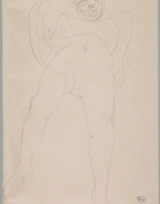 Femme nue allongée, de face, les jambes écartées